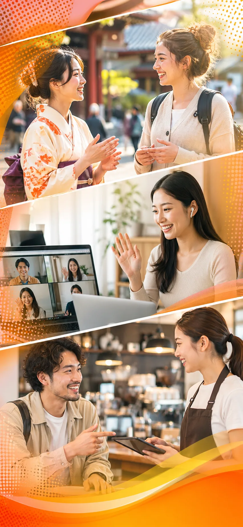 Learners using Japanese while traveling, on video meetings, and ordering at a cafe